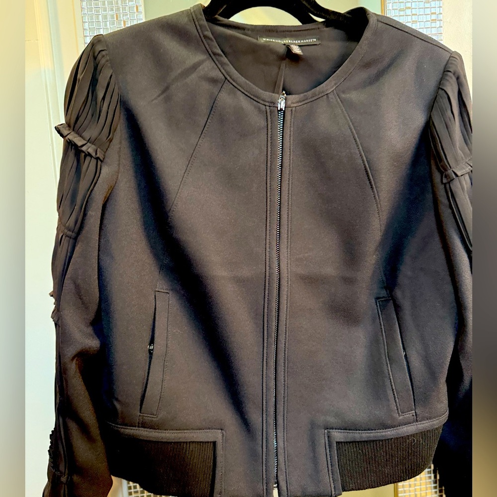White House Black Market Black Bomber Jacket with Pleated Sleeve Detail
